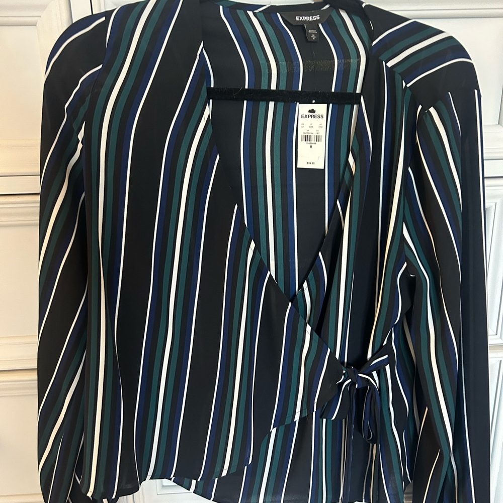 Express Women's Striped Wrap Blouse - Navy and Teal